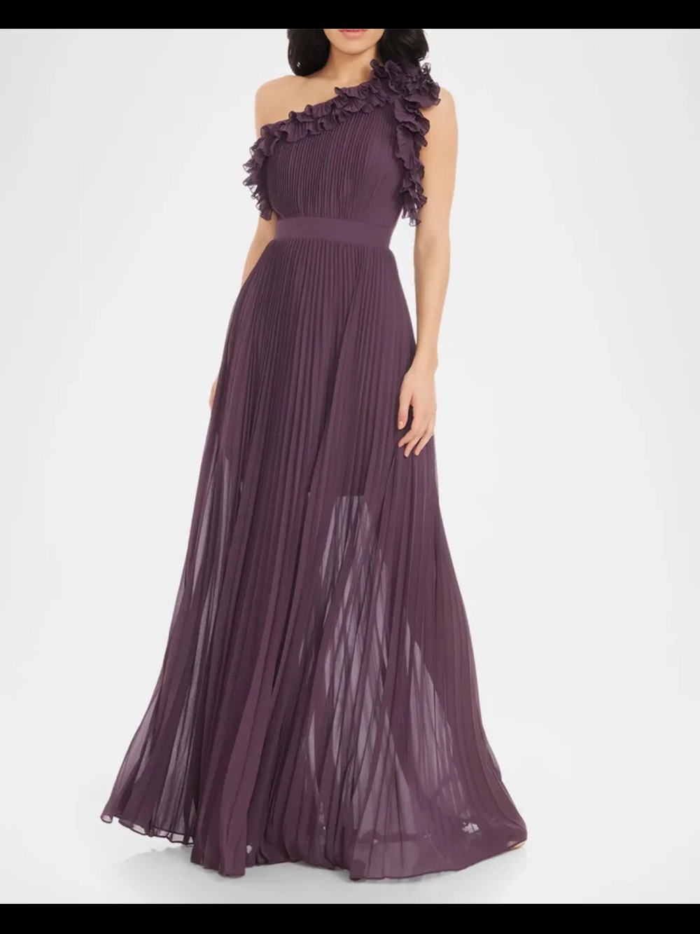 Dress the Population One-Shoulder Ruffled Pleated Gown in Plum - Picture 2 of 2
